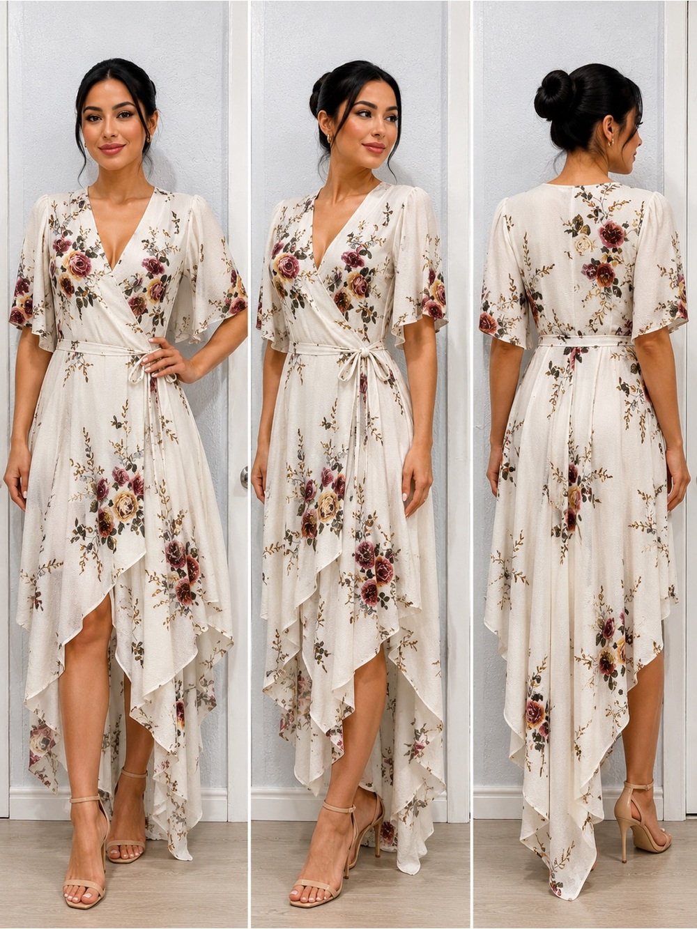 Floral Wrap Midi Dress - Ivory with Rose Print